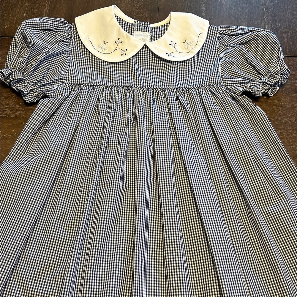 Auraluz Navy Check Embroidered Collar Short Sleeved Dress